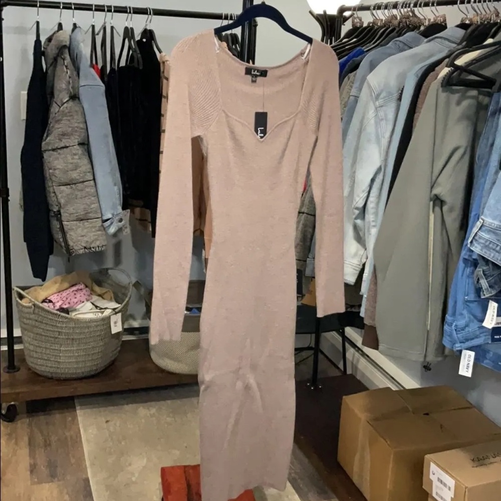 Everyday Beauty Beige Long Sleeve Ribbed Knit Sweater Dress